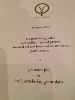 Menu at Quo Vadis